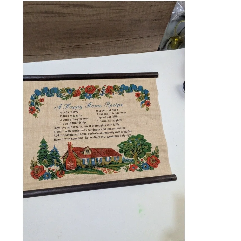 Vintage A Happy Home Recipe Linen Wall Hanging Wood Dowels Country Cottage Art‎